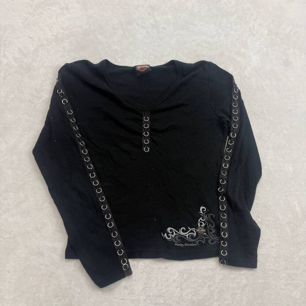 Harley-Davidson Women's Black Long Sleeve Shirt Size M Metal Grommet Made in USA